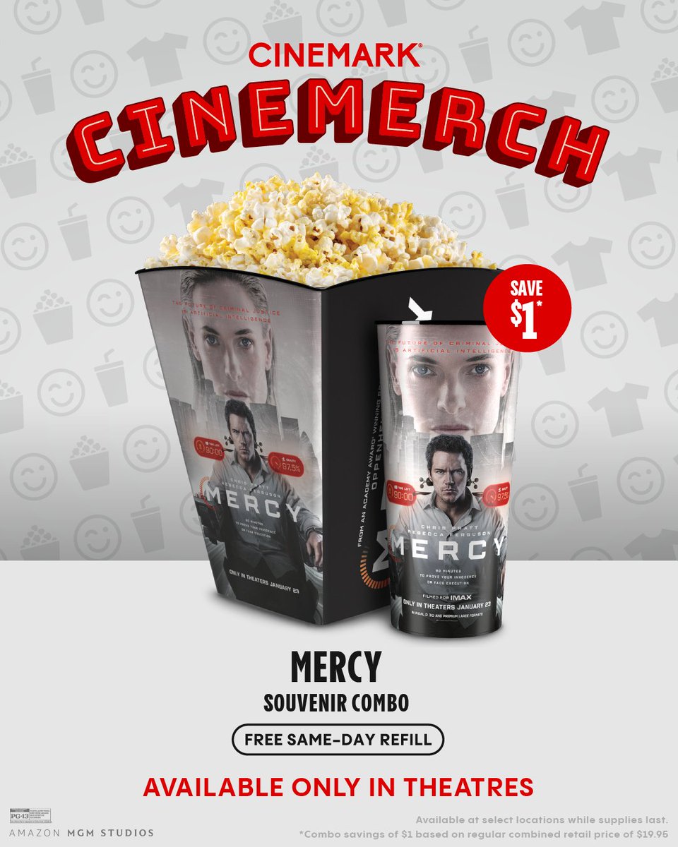 Cinemark's tweet photo. First look at our merch for Mercy, starring Chris Pratt and Rebecca Ferguson.

Coming soon to theatres! Tickets on sale now. https://t.co/ZEbX4IAPOQ