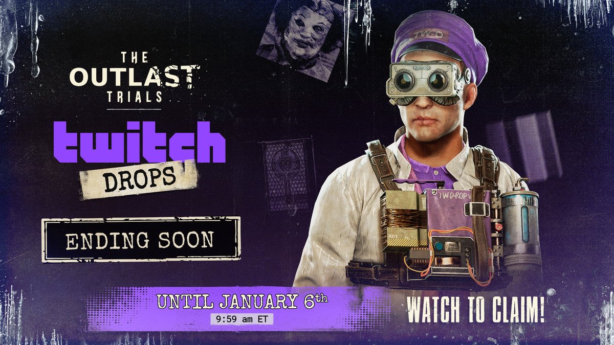 Our Twitch Drops are ending soon! ⏳Once your game and Twitch accounts are linked, watch #TheOutlastTrials live streams on #Twitch before January 6th at 9:59am ET, and claim your rewards before they’re gone! 📺 Once claimed, items will appear in your Cell &amp; Reagent Customization