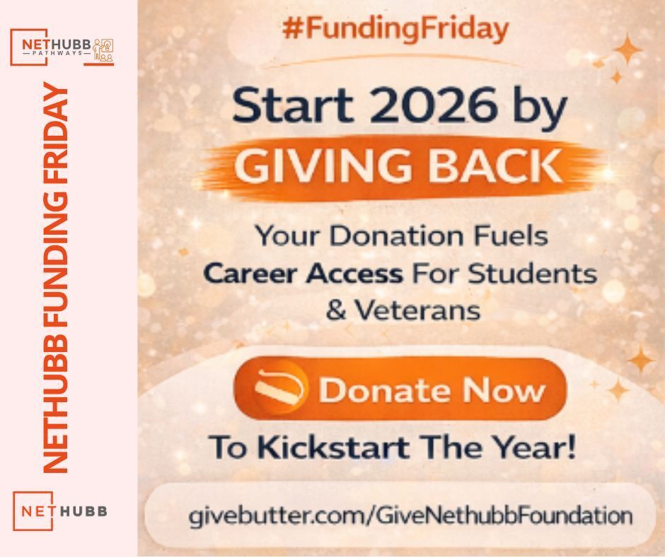 #FundingFriday: 𝗦𝘁𝗮𝗿𝘁 𝟮𝟬𝟮𝟲 𝘄𝗶𝘁𝗵 𝗽𝘂𝗿𝗽𝗼𝘀𝗲.

Your gift = mentorship, job access, and opportunity for those who need it most.

Donate now »givebutter.com/GiveNethubbFou…

#Nethubb #NethubbFoundation #NethubbPathways #GiveBack #Impact2026 #StartStrong #MentorshipMatters