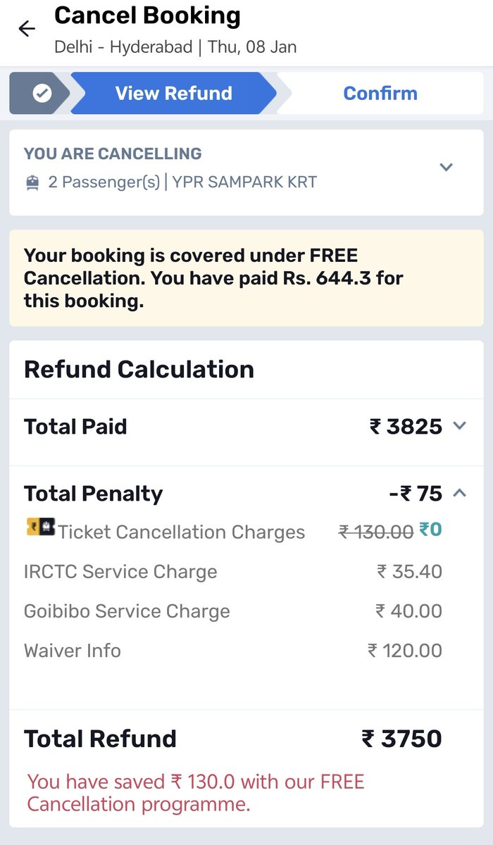 X_Natural1's tweet photo. "@goibibo @GoibiboSupport Paid ₹644 for IRCTC train ticket with Free Cancellation plan. Cancelled 5 days before journey (way ahead of chart prep), yet deducted ₹75 extra! This isn't free cancellation. #Goibibo" https://t.co/tNVs3FB5yE