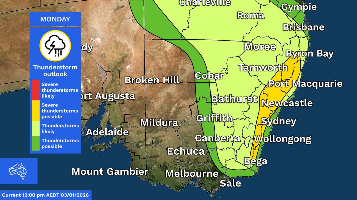 BOM_au's tweet image. #Warm to #hot &amp;amp; #humid weather has built up across parts of #NSW &amp;amp; eastern #VIC. #Thunderstorms are likely across much of northern &amp;amp; eastern Vic &amp;amp; much of NSW today &amp;amp; Sunday. More: bom.gov.au