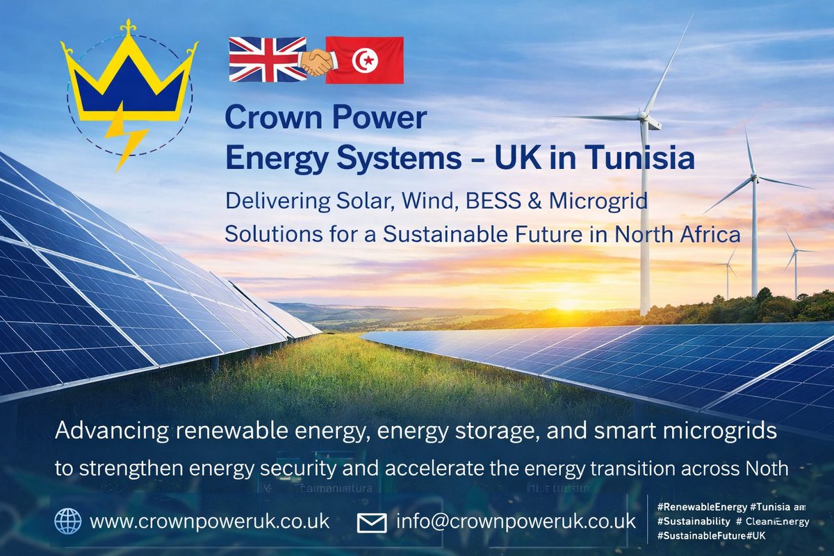 🇬🇧🤝🇹🇳 Crown Power Energy Systems–UK is advancing solar integration, wind energy, BESS, hybrid power, and microgrid solutions to support green energy and sustainability projects in Tunisia.

By combining renewables + energy storage + smart microgrids, Crown Power delivers