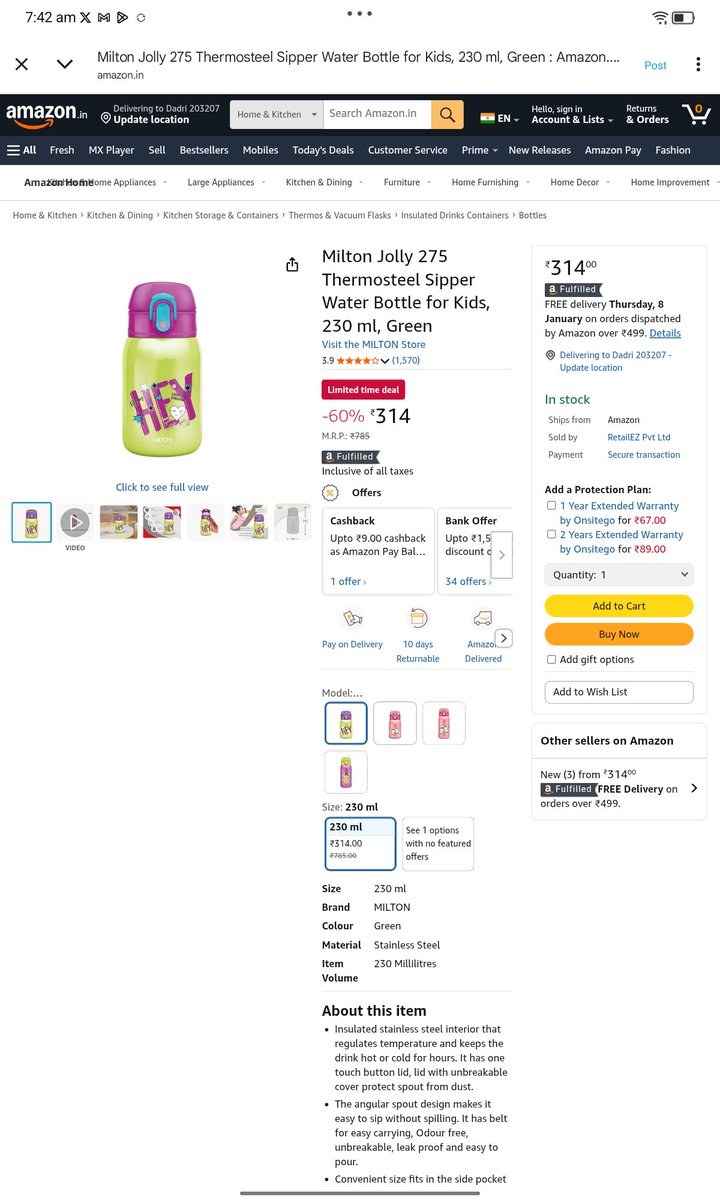 jackp94162's tweet image. 🔥 Deal Alert! 🔥
Milton Jolly Thermosteel Kids Water Bottle (230ml)
💧 60% OFF — Now just ₹314 (MRP ₹785)
Perfect for school &amp;amp; travel 🧒🎒
👉 Grab it before the deal ends! #AmazonDeals #KidsEssentials