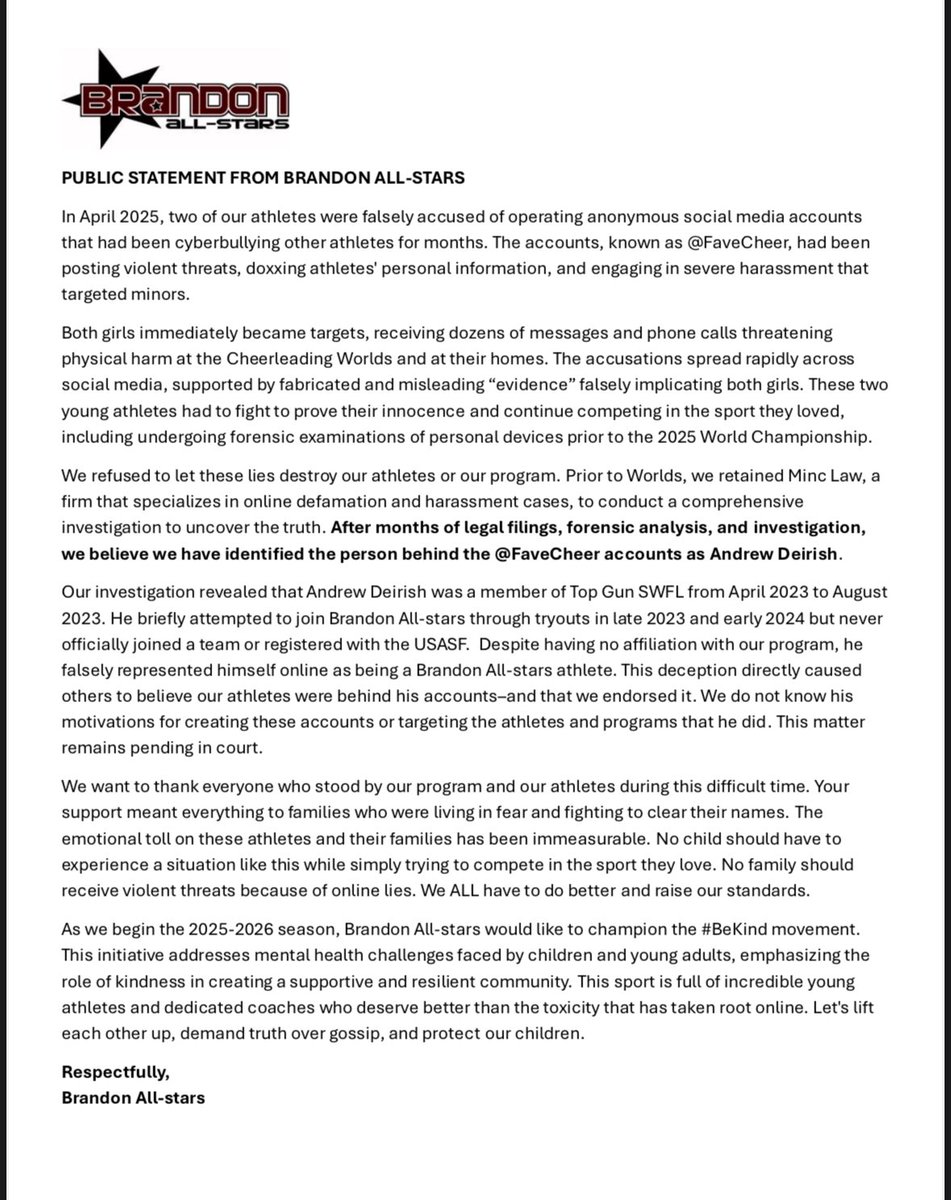 PUBLIC STATEMENT FROM BRANDON ALL-STARS

This matter remains ongoing. Megan Gray, Esq. of GrayMatters represents the anonymous account @favcheer.

Accordingly, we are unable to comment any further at this time.