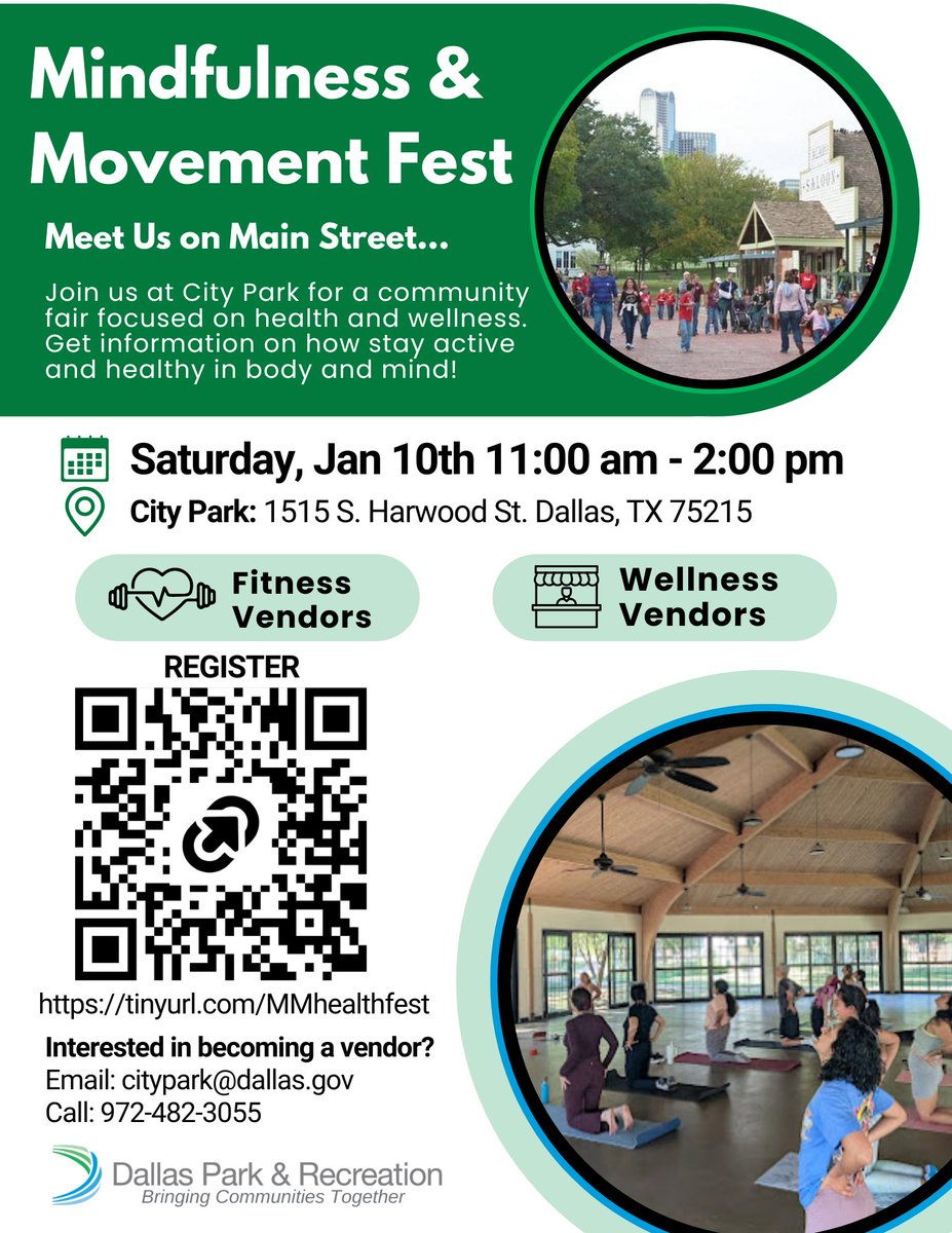 DallasParkRec's tweet photo. ⚕️💪¡Empieza bien el año nuevo con Mindfulness &amp; Movement Fest, una feria comunitaria centrada en la salud y el bienestar!

¿Te interesa ser vendedor? ¡solo Ponte en contacto con citypark@dallas.gov!

Registrar: https://t.co/DyqZj1ogkO https://t.co/aXPpRfsTzj