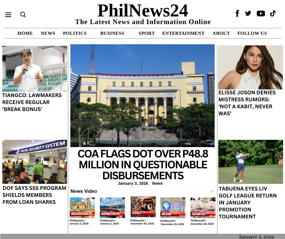 PhilNews24's tweet image. PhilNews24 | January 3, 2026
For the latest news, visit: philnews24.org

#DepartmentOfTourism #Disbursement #SupportingDocuments #breakallowance #CongressPH #TobyTiangco #SSSProgram #MicroLoan  #ElisseJoson #mistressrumor #denied #migueltabuena #livgolfleague #golfer