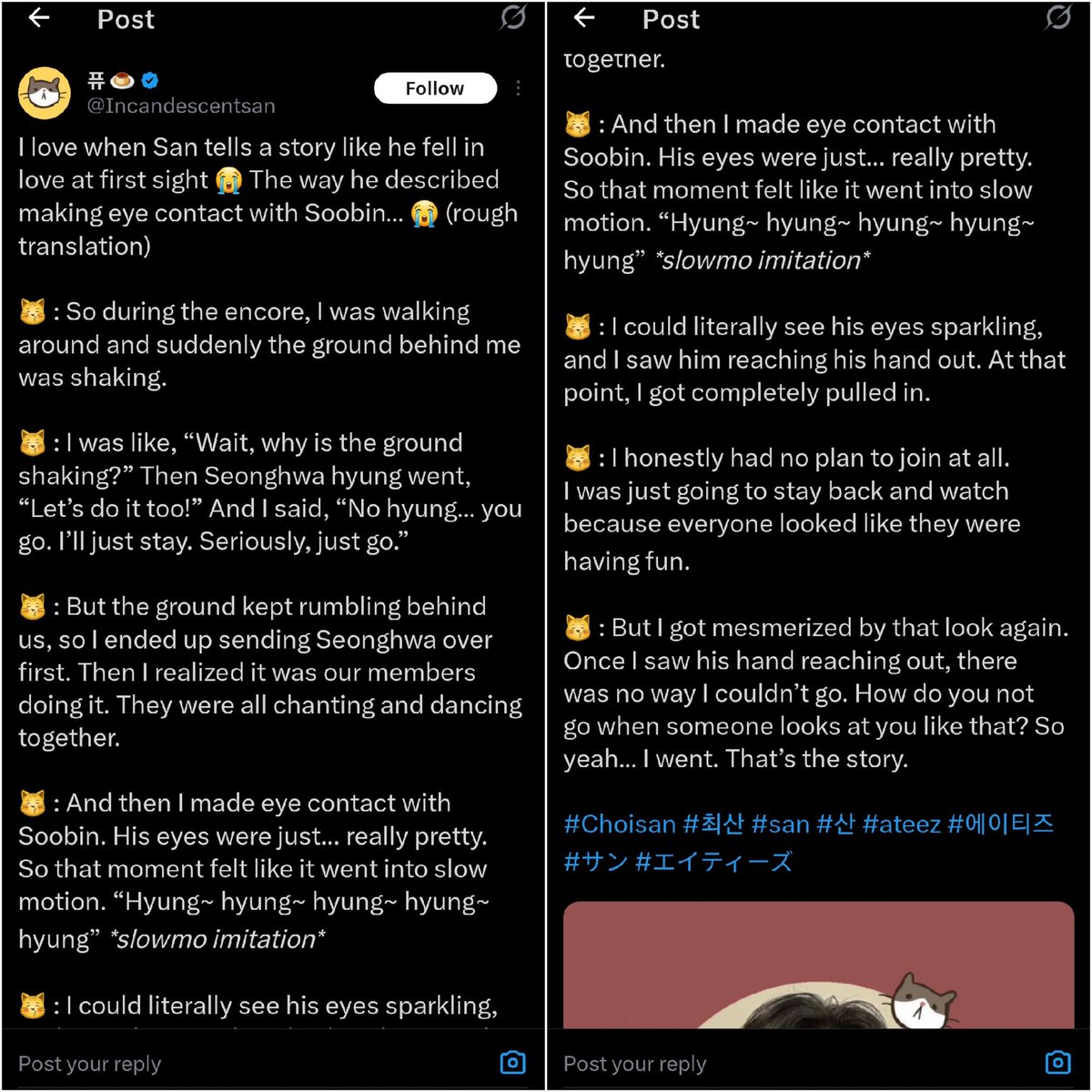 soobiwuv's tweet image. lucu banget pas moment txt-ateez muter muter di mbc gayo kemarin tadinya san ngga mau ikutan, terus begitu dia eye contact sama soobin, san ngeliat matanya soobin cantik banget berbinar binar sambil "hyung~ hyung~ hyung~" dan narik tangannya. Jadinya dia akhirnya ga bisa nolak…