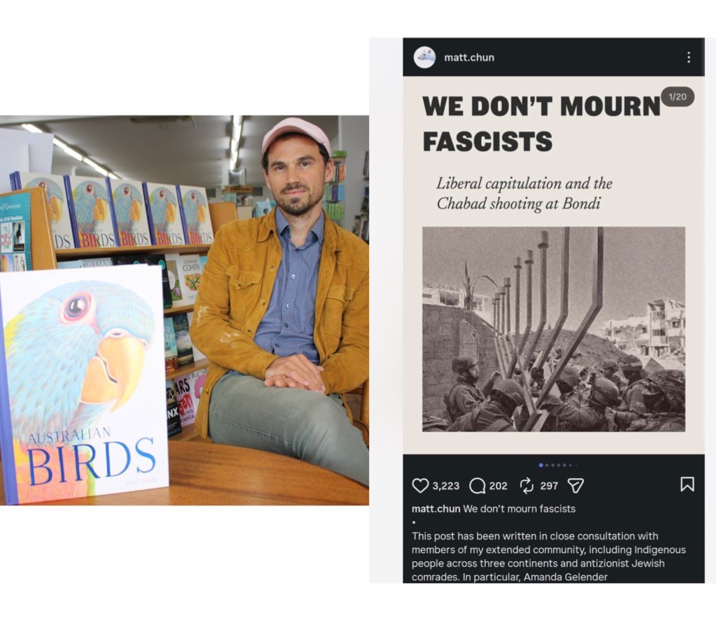 Australian leftist Palestine protest movement leader Matt Chun came out today celebrating the ISIS Bondi attacks on the grounds that Jews are whites and all whites should be massacred as vengeance for Gaza. 

He describes the ten year old Australian Jewish girl shot in the head