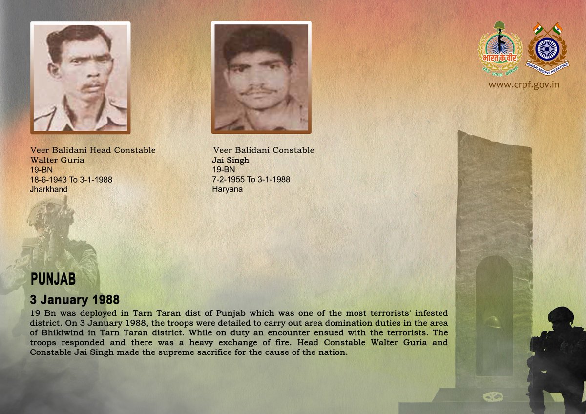 वीर बलिदानियों को श्रद्धांजलि!

03 जनवरी 1988 को पंजाब के तरनतारन ज़िले में तैनात 19 बटालियन के जवान भिखीविंड क्षेत्र में एरिया डॉमिनेशन ड्यूटी पर थे। यह क्षेत्र उस समय आतंकवाद से अत्यधिक प्रभावित था। ड्यूटी के दौरान आतंकियों के साथ भीषण मुठभेड़ में जवानों ने साहसपूर्वक मोर्चा