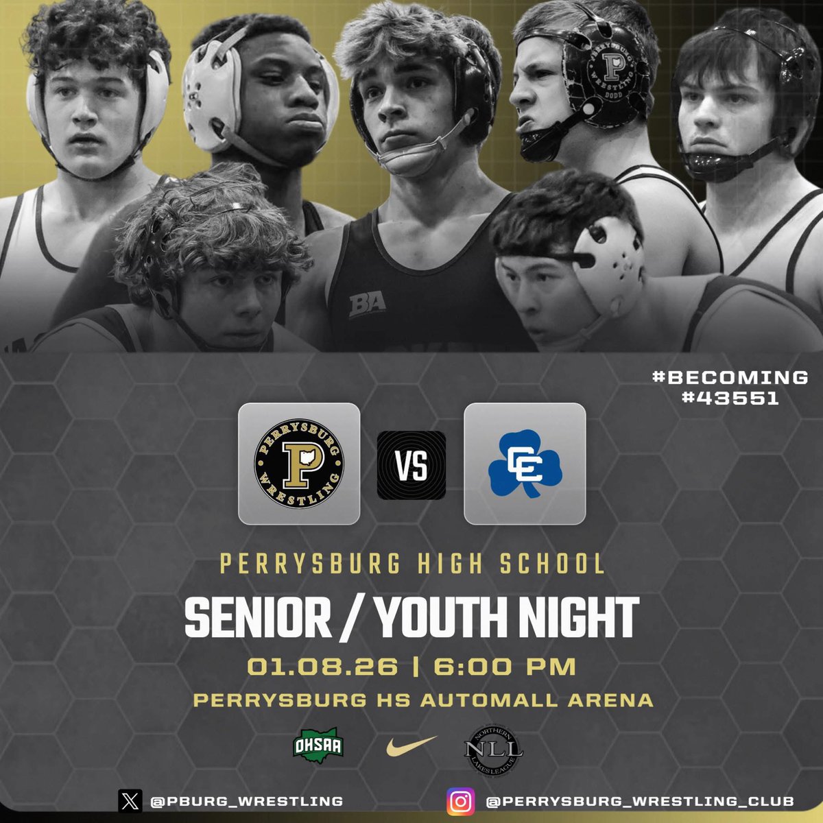 PBURG_Wrestling's tweet image. Varsity Gold kicks off a big homestand weekend beginning Thursday January 8th with a nationally ranked dual meet.

No. 13 Perrysburg hosts No. 35 Detroit Catholic Central.

Meet the team for pictures and signings after.

PIT will then take place Friday and Saturday.