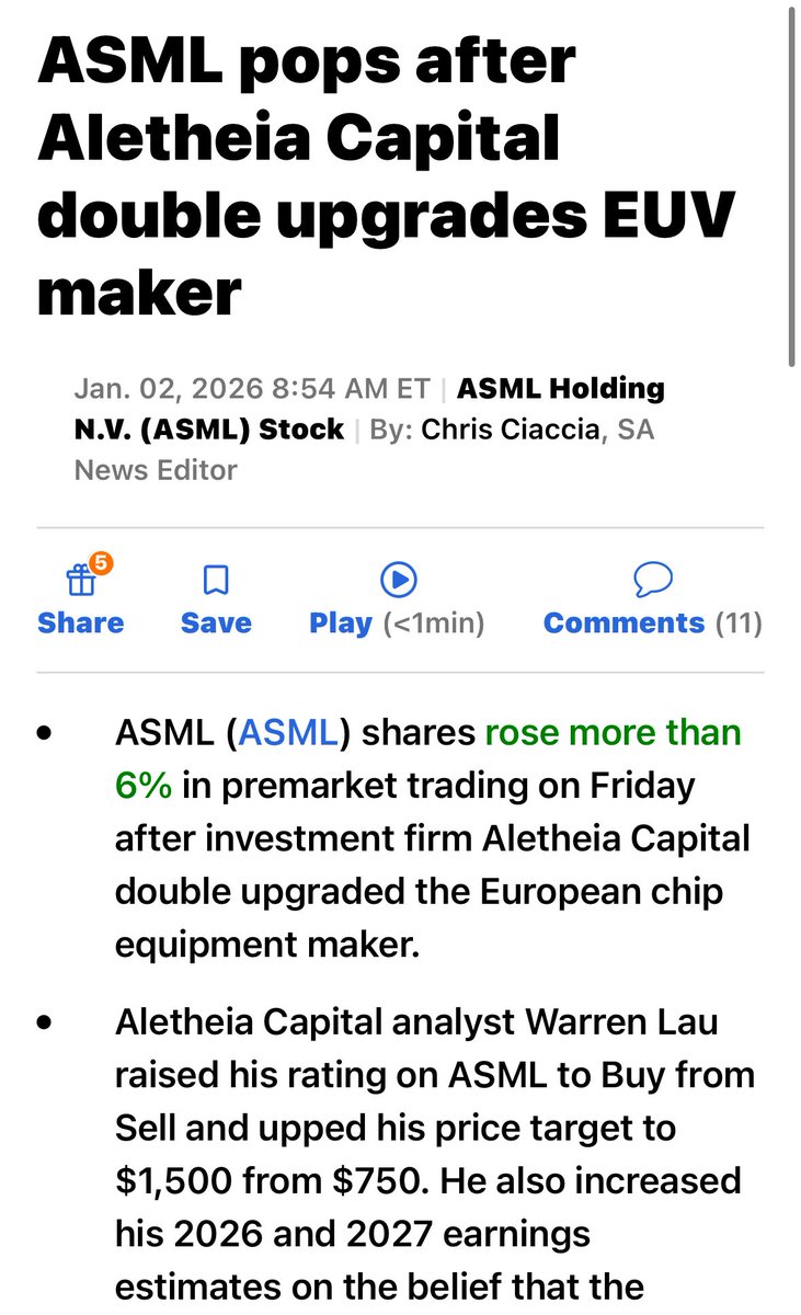 ASML Aletheia Capital 將其評級連升兩級，從「賣出」（Sell）上調至「買入」（Buy），並將目標價從750  美元翻倍提高至1,500 美元。 上調了對$