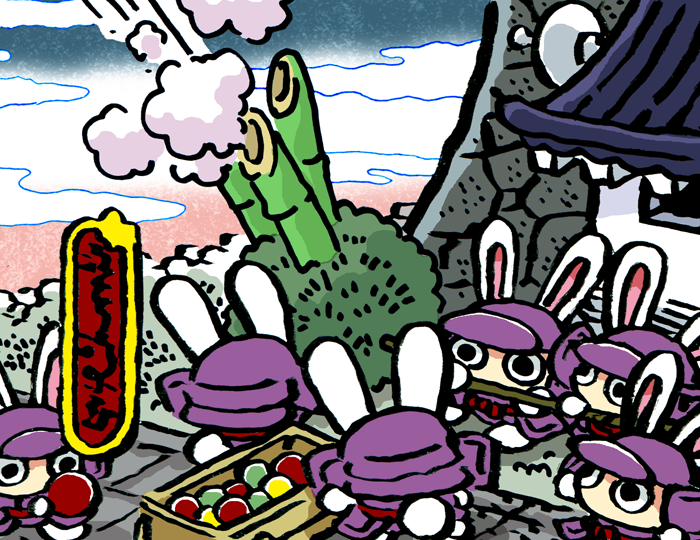 がんばれゴエモンのイラスト描く。門松バズーカでマーブル弾をうつ