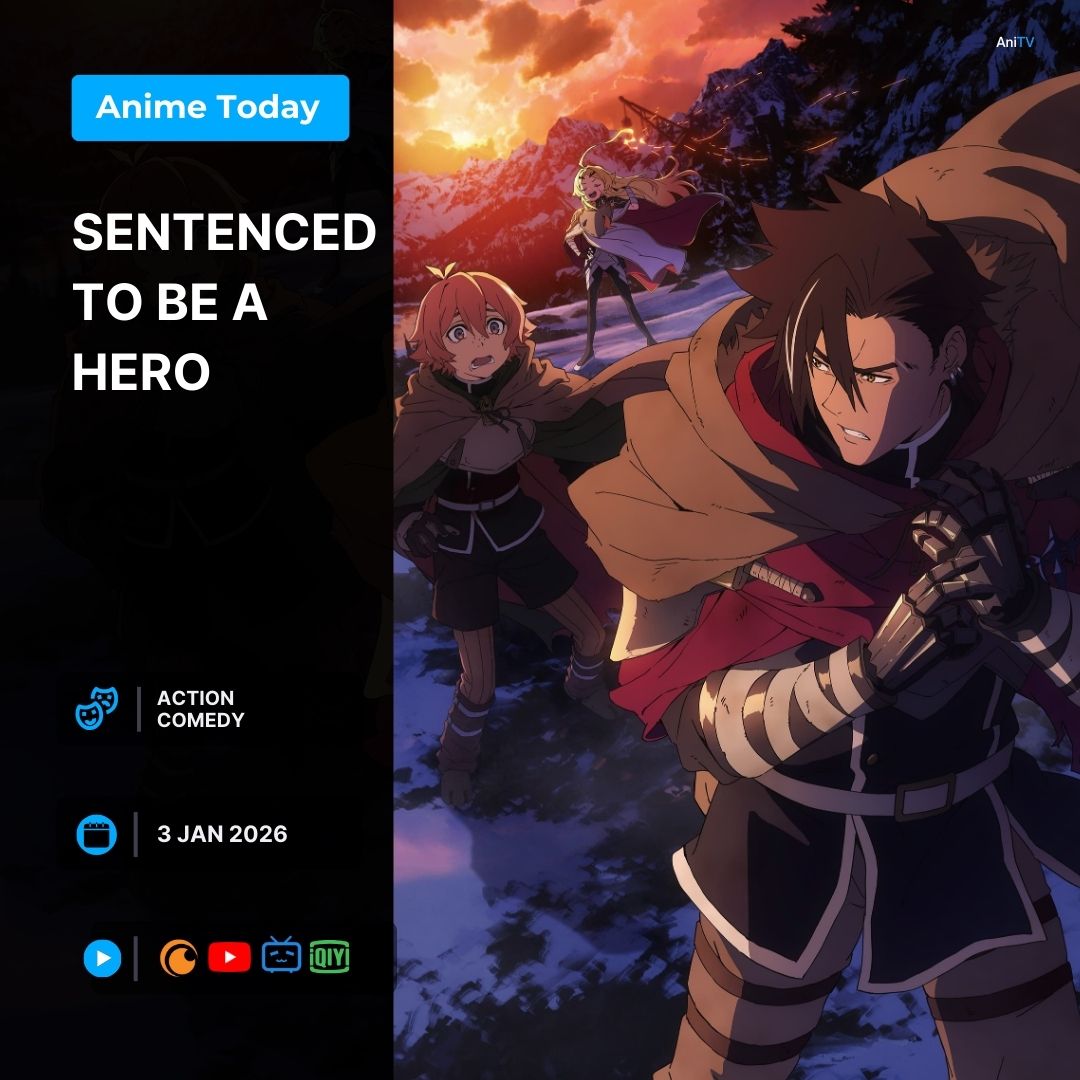 AniTV_net's tweet image. ✨ Anime Release Today ✨

1. Sentenced to Be a Hero (1-hour premiere)
▶️Crunchyroll, Bilibili, iQ, YouTube (Ani-One Asia)

2. Fate/strange Fake (1.5-hour premiere)
▶️Crunchyroll