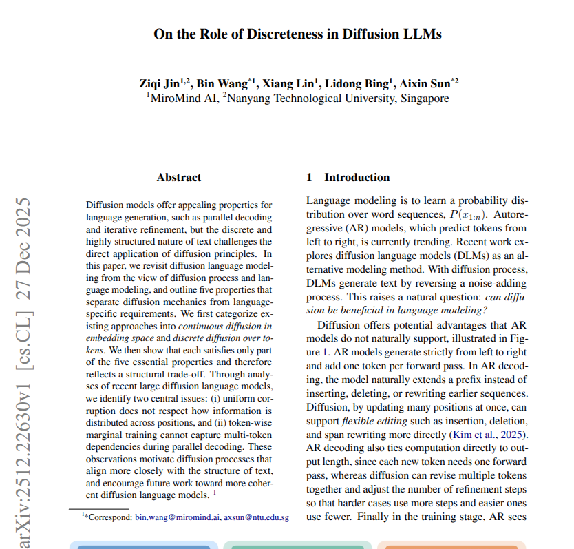 Diffusion LLMs promise parallel writing, but this paper shows why they still lose meaning and consistency.

Most LLMs generate 1 token at a time from left to right, but diffusion starts from noise and cleans it up step by step, which is awkward for discrete language.

The authors