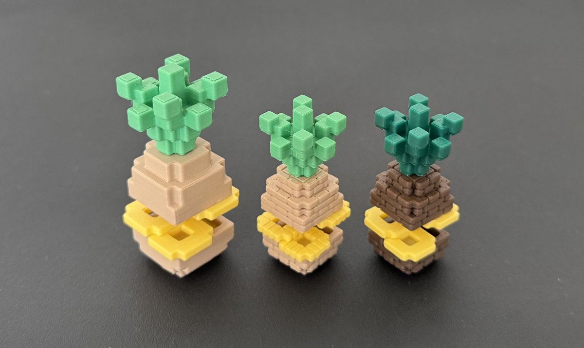 voxelcawa2un's tweet image. パイナップルを立体化🍍

筋彫りあり/なしバージョンの比較。今回は筋をかなり多く入れた極端なサンプルですがディテールが増してよりそれらしくなった気がします
#3Dプリンタ