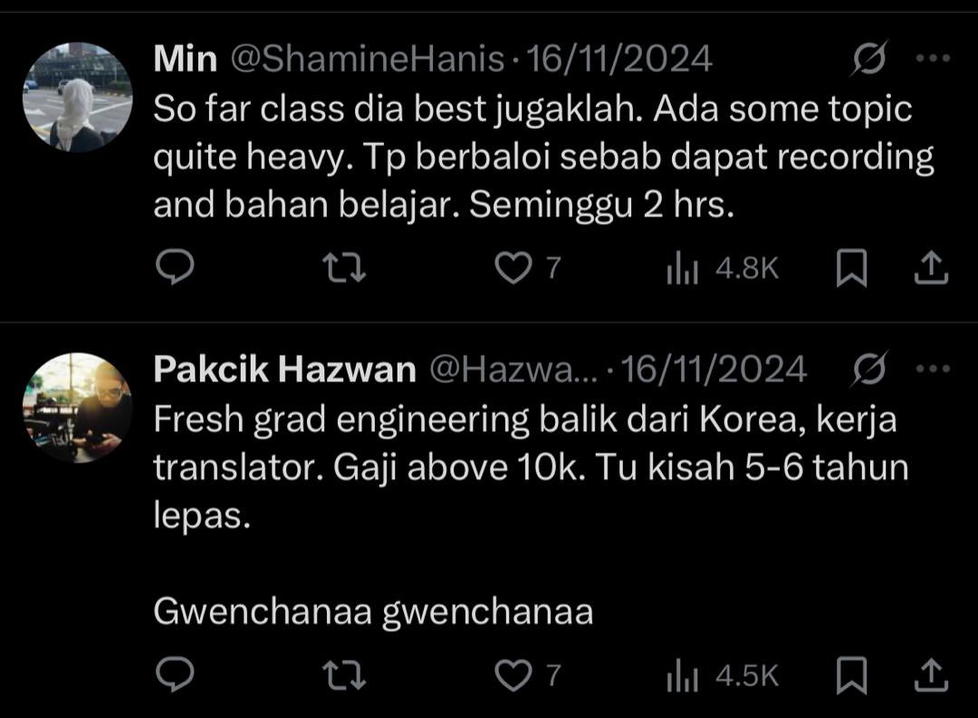 tattyhassan's tweet image. Lepas baca tweets ni, rasa macam memang kena daftar kelas ni 🥹

Ramai cakap kalau nak income lebih baik, kena ada bahasa tambahan. Jadi RM35 untuk 4 kelas sebulan tu kira berbaloi ke tak? Tengok review, semua kata best.