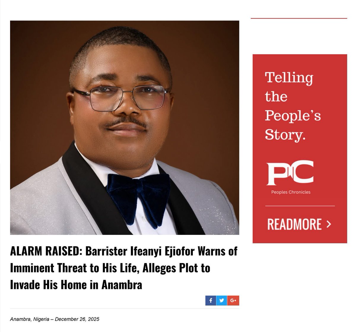 ALARM RAISED: Barrister Ifeanyi Ejiofor Warns of Imminent Threat to His Life, Alleges Plot to Invade His Home in Anambra

peopleschronicles.com/alarm-raised-b…