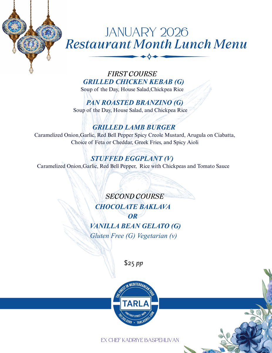 Restaurant Month is here! ✨
Join us this January for our exclusive Prix Fixe Menu—
🥂 3-course dinner
🍽️ 2-course lunch
Thoughtfully curated, beautifully served.
📅 Limited time only, January 2026
🔗 Reserve now at Tarlagrill.com 

#RestaurantMonth #Tarla #napa #food