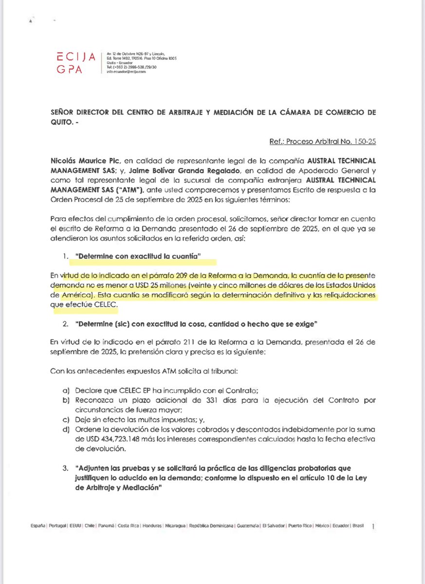 Pero eso no es todo: Nicolás Pic, representante de ATM, planteó una demanda arbitral el 21 de octubre de 2025 —de reforma de la demanda del 26 de septiembre— para exigir el pago de $25 millones y que se le conceda un plazo adicional de 11 meses para concluir el proyecto