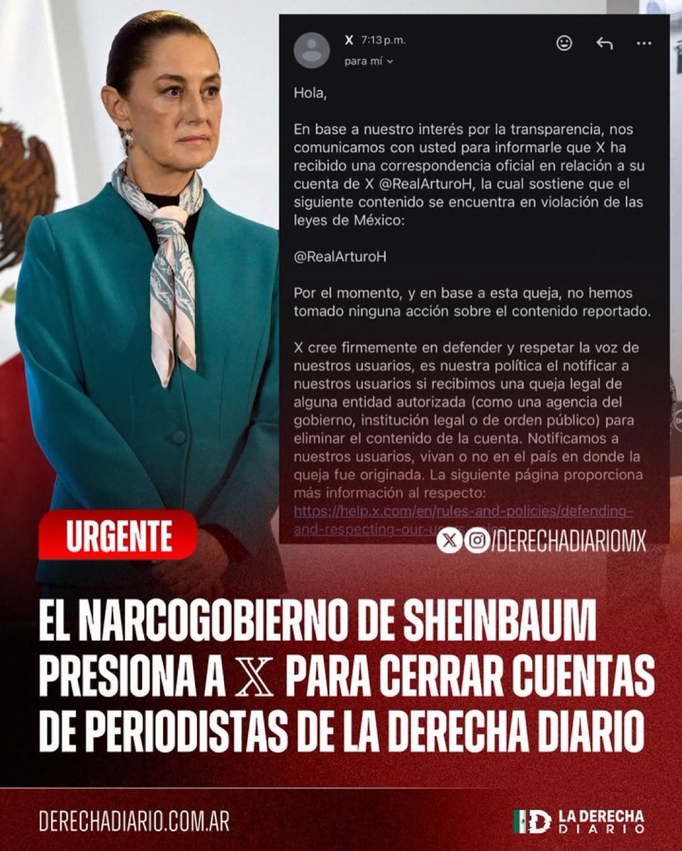 PorMiMexico71's tweet image. Cuando no puedes ocultar la realidad del fracaso de tu gobierno, buscas callar a quien te exhibe.

Y es que la #NarcoPresidenteClaudia busca cierren las cuentas del mensajero @DerechaDiarioMX