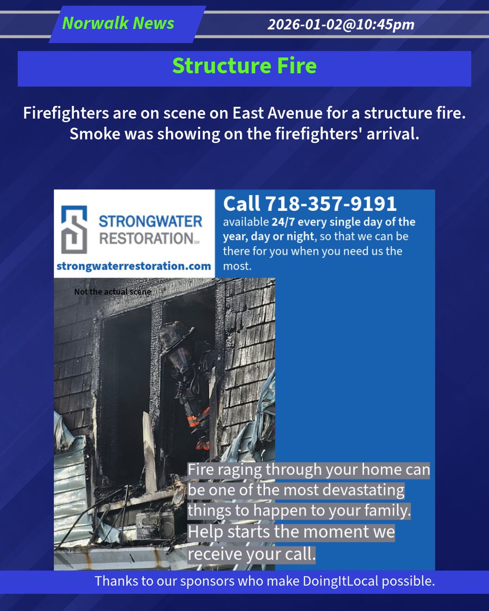 DoingItLocalcom's tweet image. Structure Fire
Firefighters are on scene on East Avenue for a structure fire.  Smoke was showing on the firefighters' arrival.
2026-01-02@10:45pm-- #Norwalk CT #ctfire