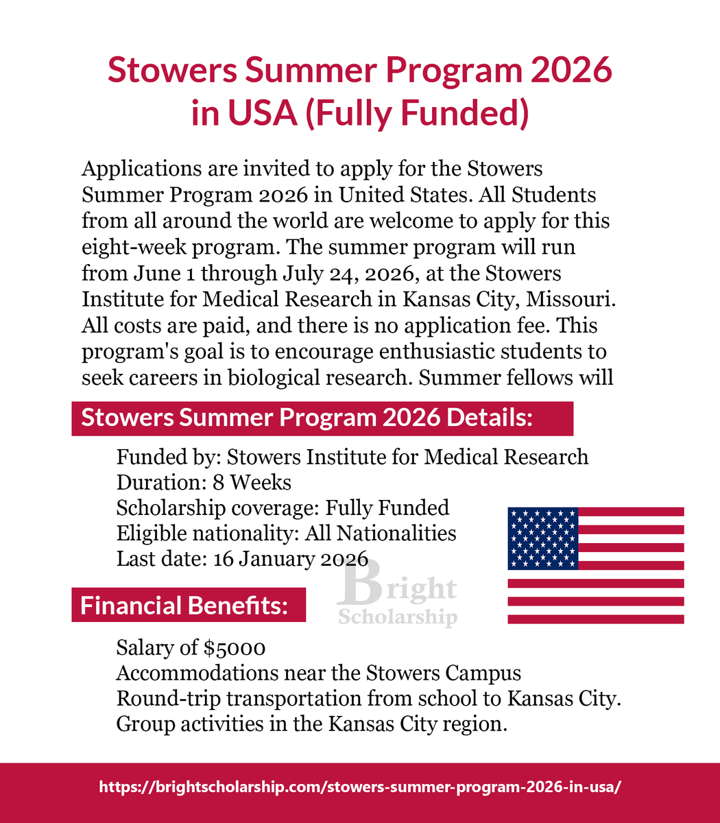 BrightSship's tweet image. Stowers Summer Program 2026 in USA (Fully Funded)

Duration: 8 Weeks
Eligible nationality: All Nationalities
Award country: United States
Last date: 16 January 2026

Apply Link: brightscholarship.com/stowers-summer…

#BrightScholarship #FullyFunded #SummerProgram #USA