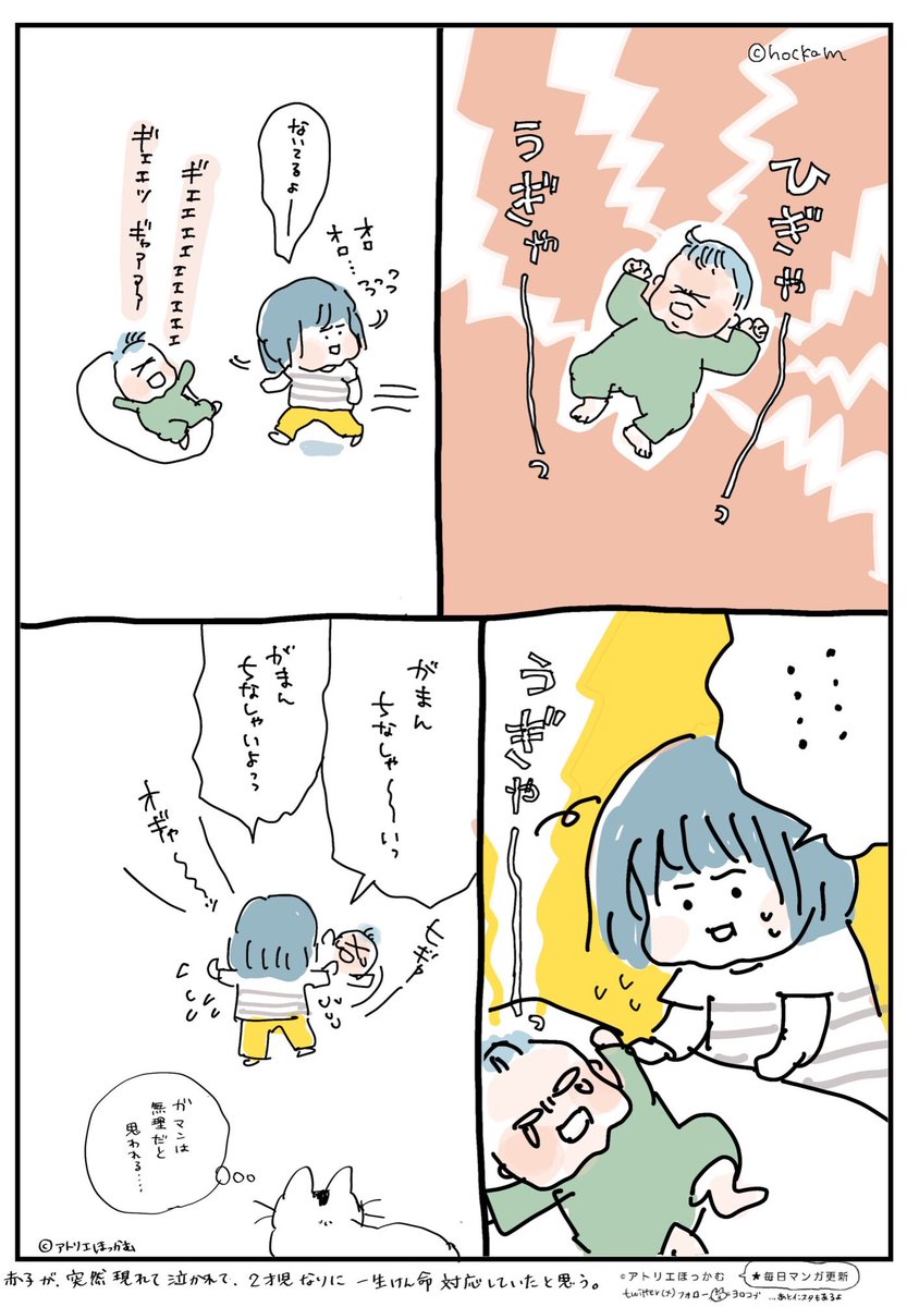 赤ちゃんにそれは酷だと思うが....
泣き止ませようと必死だったよね 🥹

長女2才・次女0才時代の育児漫画です。 