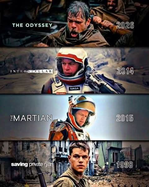 ALIMRANALL's tweet photo. **"Someone please help Matt Damon get home 😐
1998:Tried to get home from war
2014:Tried to get home through space and time
2015:Tried to get home from Mars
2026:Still trying to get home from Troy At this point, his entire career is just one long ‘getting back home mission** 🚀🏠 https://t.co/UVsGQWPicv