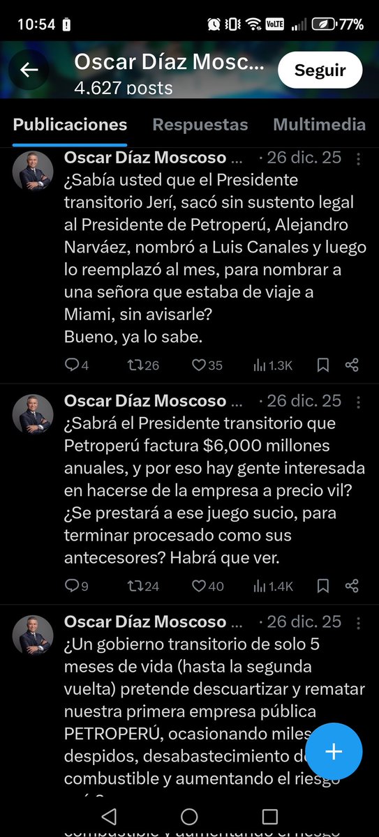 ASÍ QUE ÓSCAR DÍAZ MOSCOSO ÉL QUE DESDE AYER TWITEA ATACANDO AL PRESIDENTE JERÍ PQ QUIERE PRIVATIZAR PETROPERÚ
RESULTA QUE ESTE TIPEJO ES DUEÑO DE UNA CONSULTORA Y HA FACTURADO SÓLO EL AÑO PASADO 157 MIL SOLES X  CONSULTORÍA A PETROPERÚ
SE TE ACABARÁ LA MAMADERA <a href="/oscardiazperu/">Oscar Díaz Moscoso</a>??