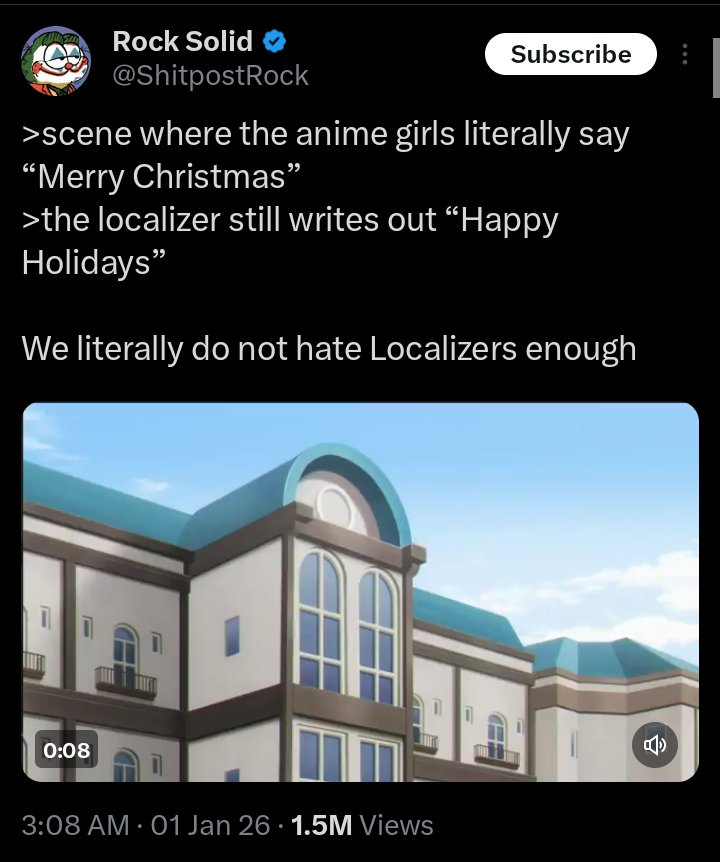 B_Rabbit843's tweet image. I mean this with every fiber of my being: if you, as a grown-ass adult, get offended by someone saying "Happy Holidays" instead of "Merry Christmas," you are a fucking clown.

"We don't hate localizers enough!" Do something productive, you miserable muthafucka, you!