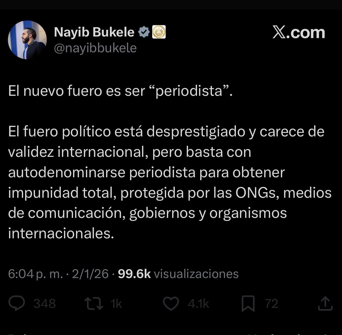 Hey, Nayib, ¿tenes miedo?

Sí así denominas el fuero para periodistas, también deberías quitarle el fuero a tus diputados.

Puesi, para que haya coherencia con lo que dices en redes sociales.

Muy pronto se destapara la mentira que eres y los engañados serán los primeros.