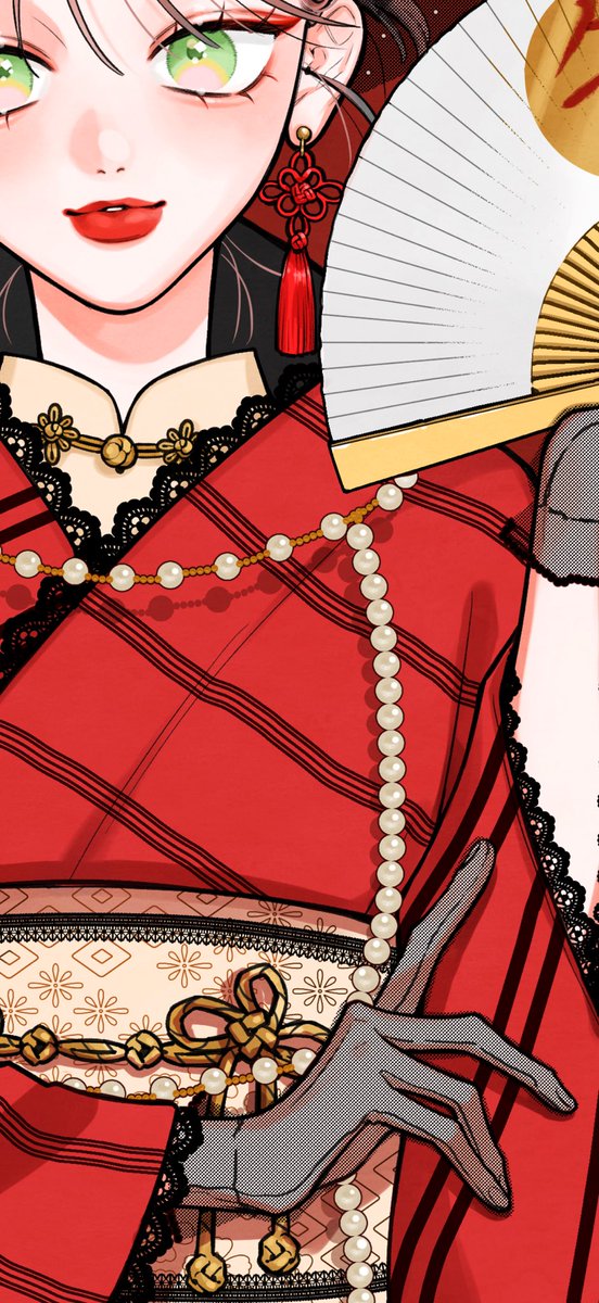 画質が潰れてないアップも載せときます
今回和中洋ファッションにしてみました👘🏮🎀
ディテール描くの楽しかったので見てほしい笑😌