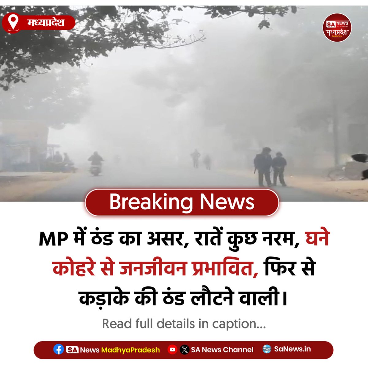 SAnewsMP's tweet image. मध्यप्रदेश l मध्यप्रदेश में ठंड थोड़ी कम हुई, रातें नरम, घने कोहरे से जनजीवन प्रभावित, ट्रेनों की आवाजाही बाधित, आने वाले सप्ताह में कड़ाके की सर्दी फिर लौटेगी।
#WinterAlert
#WeatherUpdate
#FogAlert
#ColdDay
#Sanewsmp