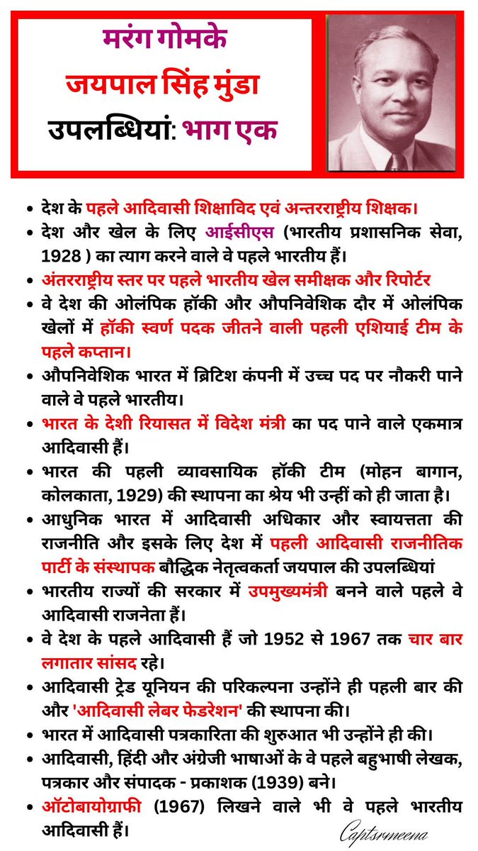 CaptSRMeena's tweet photo. आदिवासियों के  संवैधानिक अधिकारों की पुरजोर पैरवी करने वाले, झारखंड पार्टी की स्थापना कर कांग्रेस को एक कोने में समेट देने वाले, और अपनी कप्तानी में भारत के लिए पहला ओलंपिक स्वर्ण पदक जीतने वाले मरंग गोमके #जयपाल_मुंडा जी को जयंती पर नमन 🙏🙏
#jaipal_munda #आदिवासी https://t.co/kUYtFMZOgT