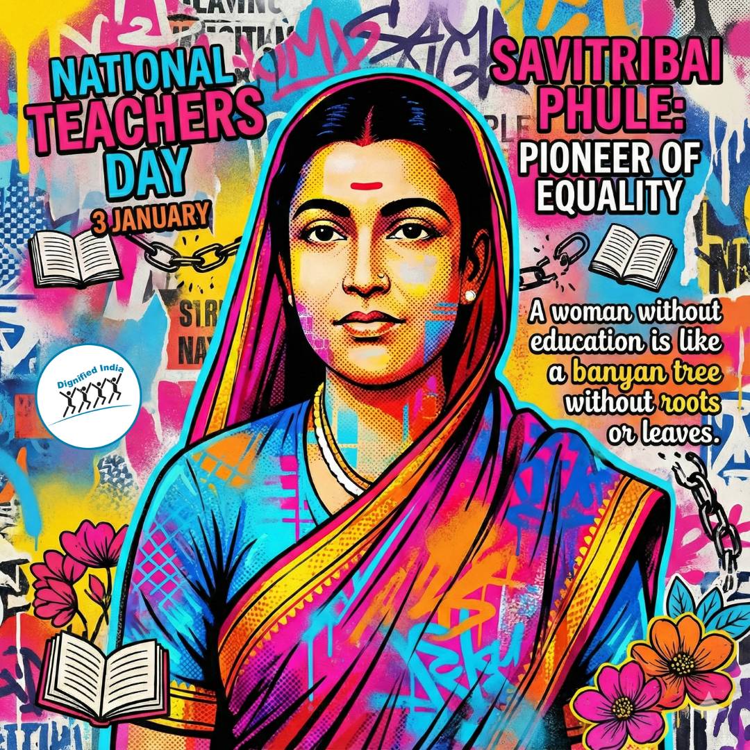DignifiedIndia's tweet photo. 3rd January — National Teachers’ Day 🇮🇳
Honouring Savitribai Phule, India’s first woman teacher, who turned education into a movement of equality and courage.
#NationalTeachersDay #SavitribaiPhule #3January #FirstWomanTeacher #EducationForAll https://t.co/besaBeEkWr