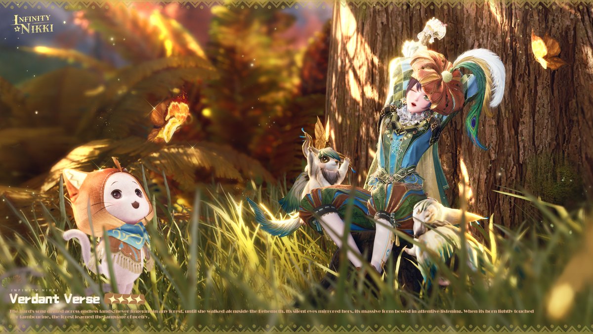 InfinityNikkiEN's tweet image. ♾Whimsical Wardrobe | Verdant Verse
&amp;gt;&amp;gt;Main Attribute: Cool
The bard's song drifted across endless lands, never lingering in any forest, until she walked alongside the Behemoth. Its silent eyes mirrored hers, its massive form bowed in attentive listening. When its horn lightly