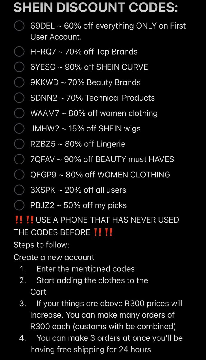 Kgethi21's tweet image. Good morning. I’ll be using my Twitter to share my SHEIN codes. Please be kinds and use them when you order‼️ 
Use code 69DEL for 60% off. 
For new account go to settings then switch accounts and do a new one🤝🥳