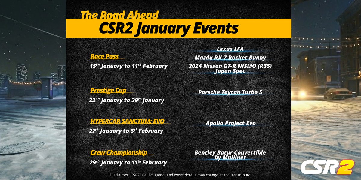 CSRRacing's tweet photo. Happy New Year, Racers! β¨π Januaryβs events roadmap is hereβtime to start the year at full speed! ποΈπ₯
Play #CSR2 here: https://t.co/s9Ydj9Cxp0
#DragRacing #JanuaryEvents #CSR2Events https://t.co/sRAEUo3VsY