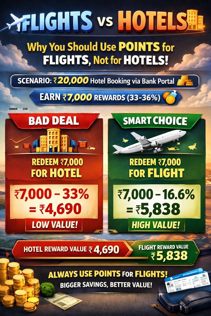 Most people waste their points on hotel redemptions 😵
The math clearly says: DON’T.

Always use points for ✈️ flights
Always book 🏨 hotels on revenue via bank portals

Let’s break it down 👇

📌 Scenario
Hotel booking worth ₹20,000 via bank portals like SMARTBUY / iShop

➡️