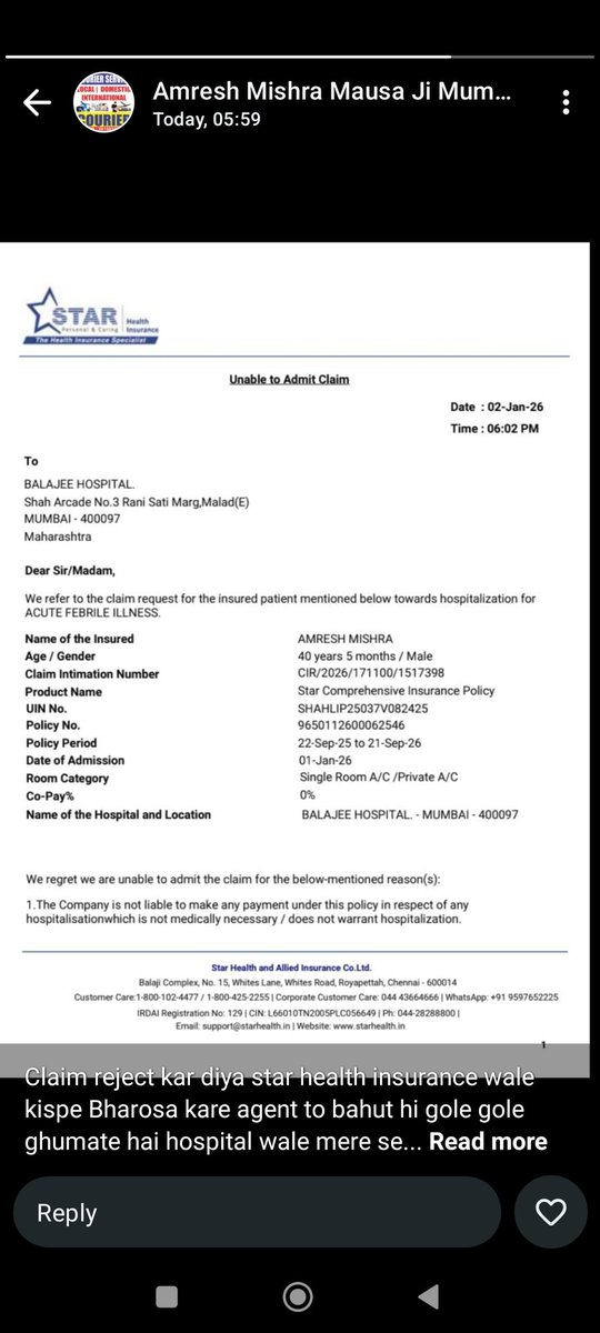 Ripusud87499509's tweet photo. @StarHealthIns एक धोखाधड़ी वाली कंपनी है। ये प्रीमियम लेते समय मीठा मीठा बात करती है और क्लेम के समय ये डिसाइड करते हैं कि कब हॉस्पिटल में भर्ती होना है और कब नहीं होना है। इस कंपनी का कहना है कि मरीज को भर्ती होने की जरूरत नहीं थी जबकि इनके एमपैनल हॉस्पिटल ने ही भर्ती किया है। कंपनी को उस हॉस्पिटल से पूछना चाहिए कि जब भर्ती की जरूरत नहीं थी को क्यों किया !?
@PMOIndia कृपया ऐसी भ्रष्ट और झूठी कंपनी पर सख्त एक्शन लेने की कृपा करें ताकि गरीब आम आदमी ऐसी फ्रॉड से बच सके।
@narendramodi @AmitShah @aajtak @ABPNews @arjunrammeghwal @HMOIndia @khurpenchh @ndtvindia @BBCHindi @BBCBreaking @BBCWorld @BBC