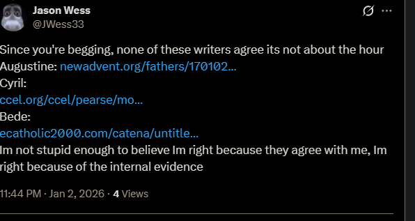 JWess33's tweet photo. @bz6290 @KOJapologetics @WolphLone @thepraised_one Didn't run lmao, made it clear Chrysostom is wrong and many church fathers hold differing positions , keep coping lmao
https://t.co/xZvAr6Wov6 https://t.co/l4tRdYKab3