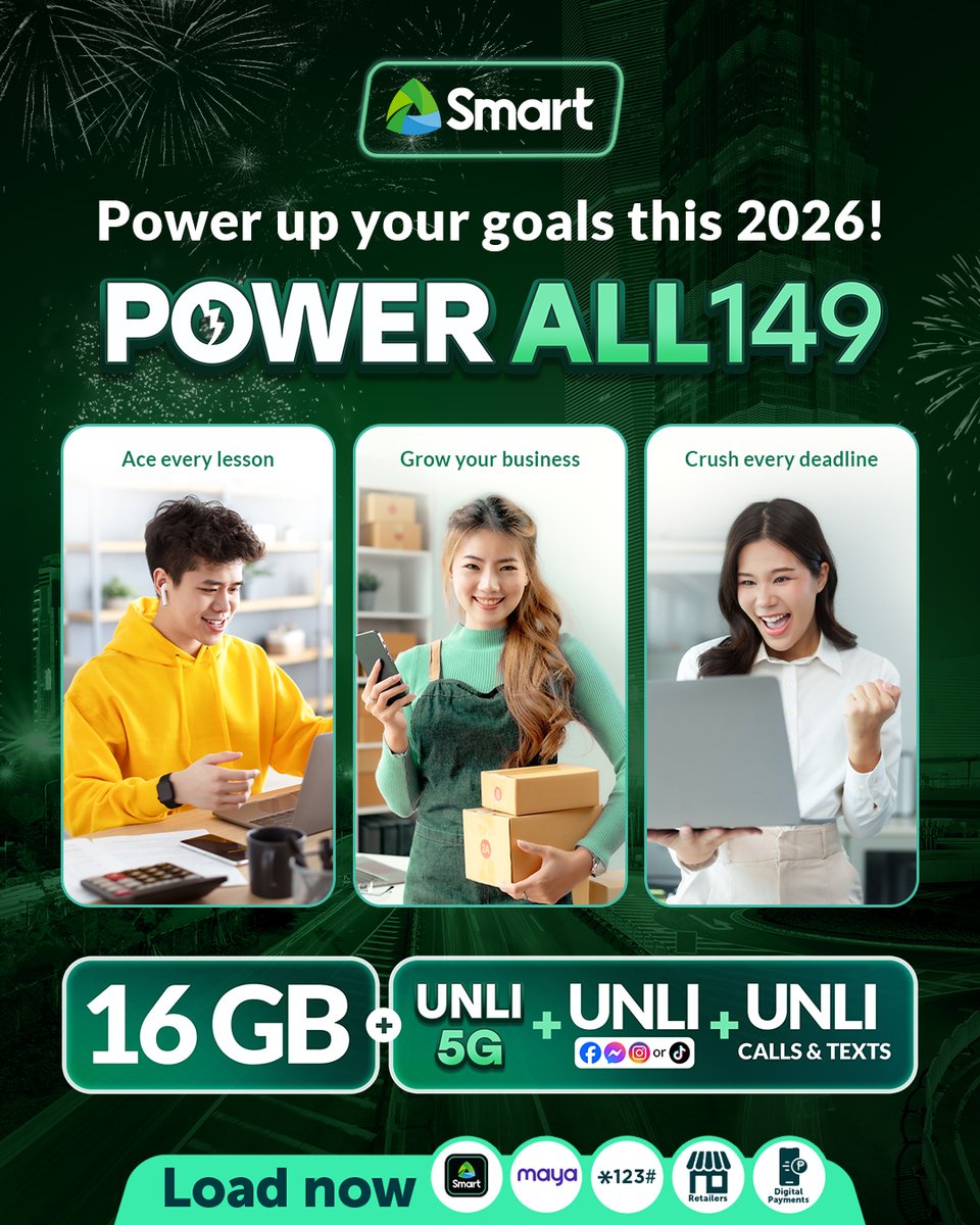 LiveSmart's tweet photo. New year. New goals. Same powerful connection. 🚀

Fuel your 2026 with POWER ALL 149 and stay on track—whether you’re studying, selling, or scaling up.

Enjoy 16GB + UNLI 5G + UNLI calls &amp; texts to keep every goal within reach.

💚 Load now and power through the year ahead. https://t.co/Ou6ndTEcwo