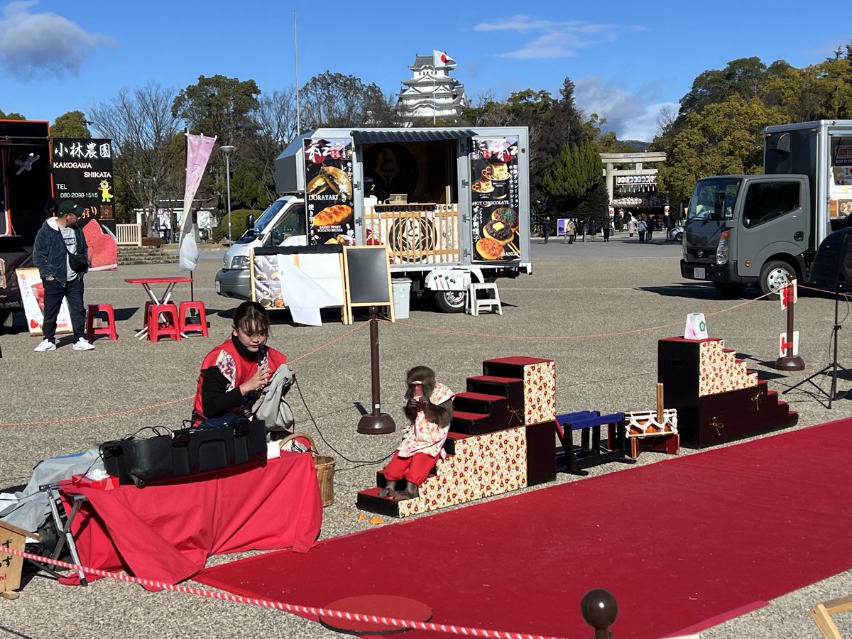 城前で屋台が沢山🤤
土曜日だけど元海上自衛官が作るカレー🍛と、良い子にしてたので団子🍡をば。
猿回しもいるよ🐒
時間がないので動物園はお預け。