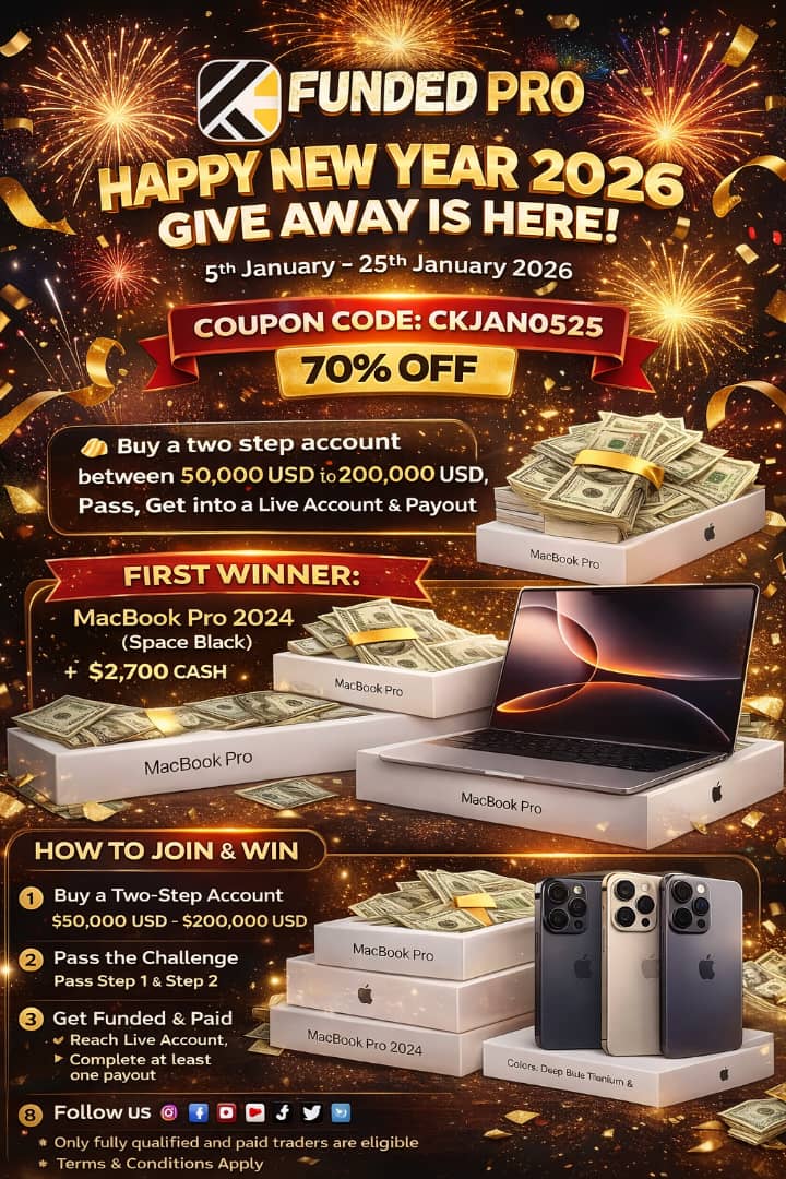 CkFunded's tweet photo. 🎉 HAPPY NEW YEAR 2026 GIVEAWAY IS HERE! 🎉
Buy a 2-Step account ($50K–$200K) and join our 70% OFF giveaway 🎁
📅 5–25 Jan 2026 (Counting starts Jan 5)
🏆 Win MacBook Pro 2024, iPhone 16 Pro Max, $2,700 cash & more!
👉 Follow • Share • Comment
🎟️ Code: CKJAN0525
#CKFunded https://t.co/9DVE6WQfDg