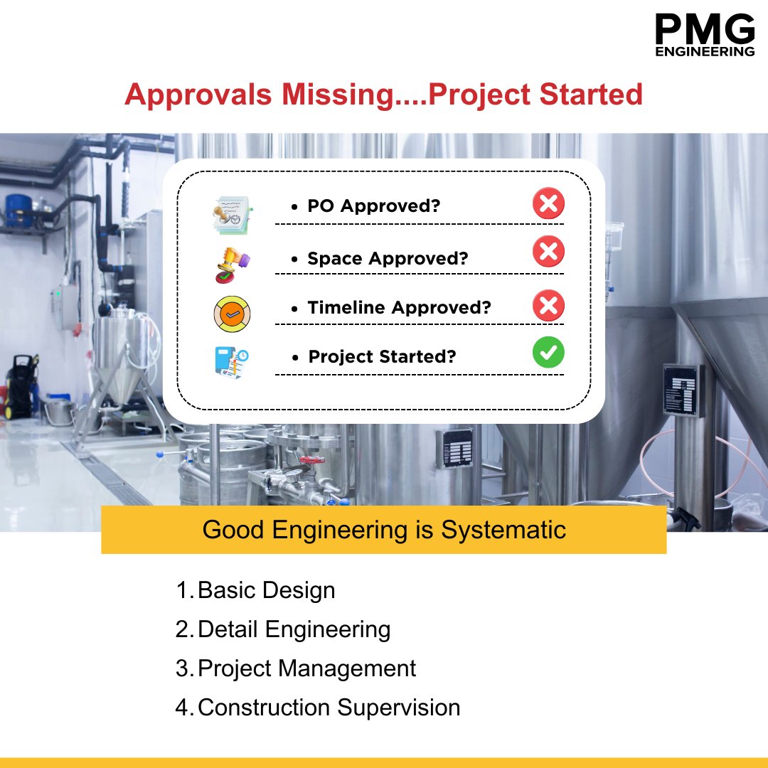 pmg_engineering's tweet photo. Approvals missing.
Project started.
No PO approval.
No space freeze.
No timeline sign-off.
Yet execution begins.

This is how good projects turn into constant firefighting.
Good engineering isn’t about moving fast—it’s about moving in the right sequence.

When basic design, approvals, and alignment are skipped, cost overruns and delays are guaranteed.

Strong projects are built on a system:
✔️ Basic Design
✔️ Detailed Engineering
✔️ Structured Project Management
✔️ Controlled Construction Supervision

Because engineering without discipline is just expensive improvisation.

#EngineeringDiscipline #ProjectManagement #DesignFirst #ManufacturingExcellence #FoodManufacturing #HygienicDesign #GMP #OperationalExcellence #PMGEngineering #QualityByDesign