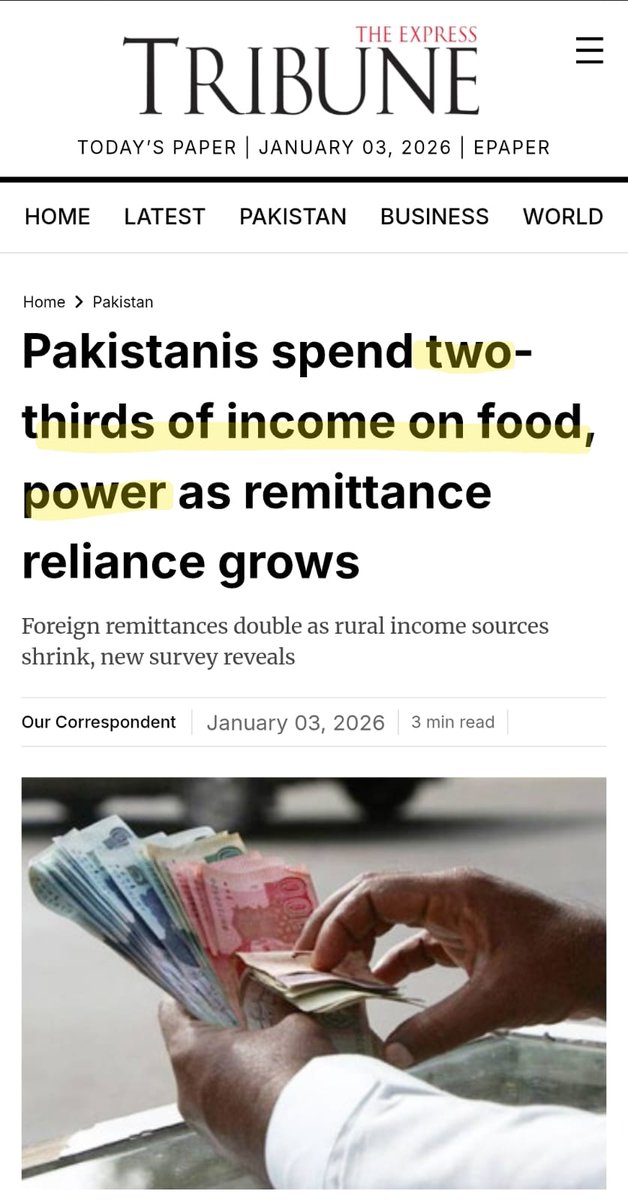 Pakistanis spent 2 out of every 3 rupees on just two basic needs - food &amp; electricity, a new govt survey showed

The findings of the survey Household [Integrated Eco Survey 2024-25], conducted after a gap of over 6 yrs under pressure from the IMF

#Pakistan #economyupdate