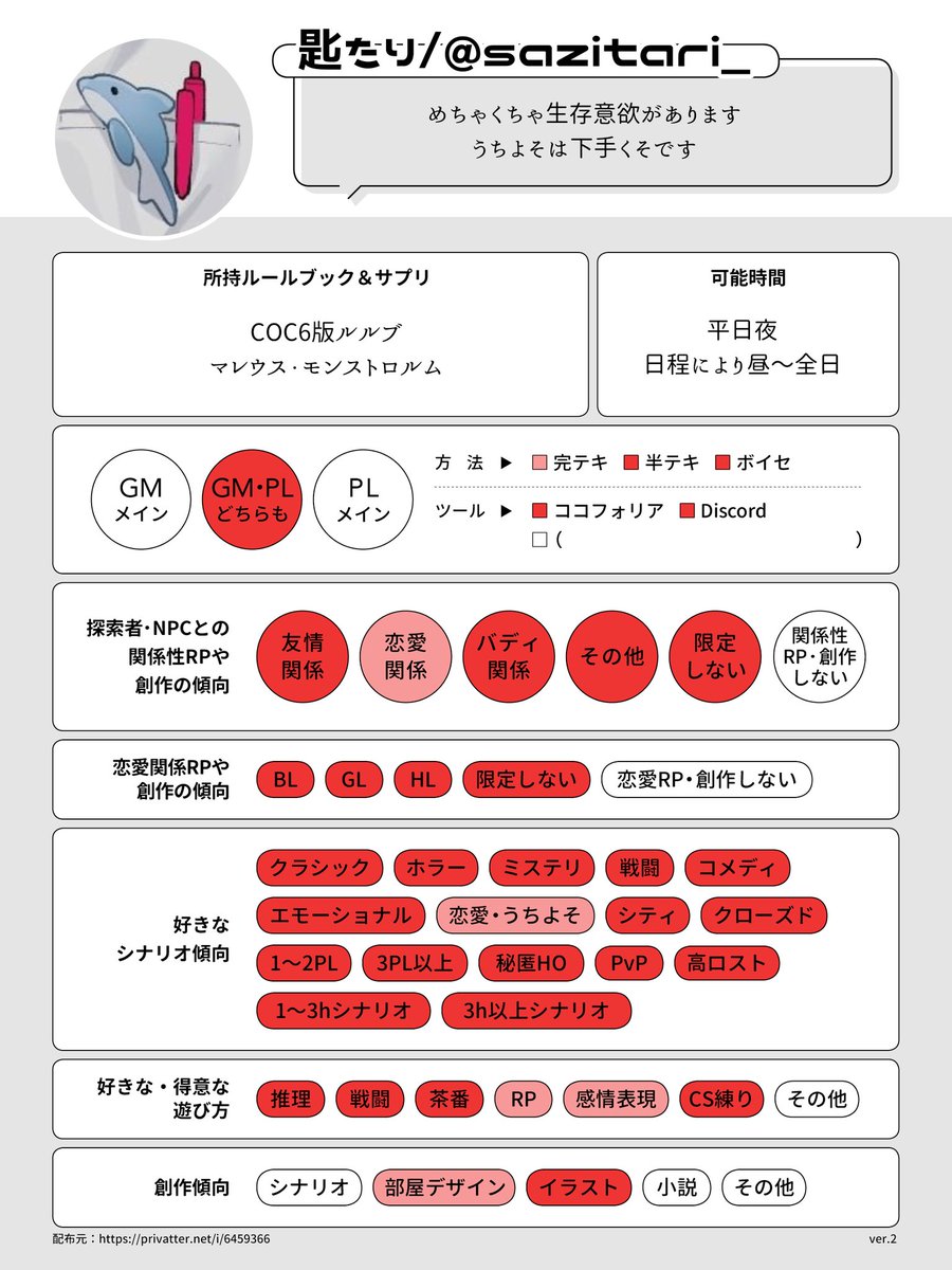 sazitari_'s tweet photo. 【固定用】

#TRPG自己紹介カード

✧• ─────────── •✧
更新です〜 https://t.co/vaOHtpFeXK