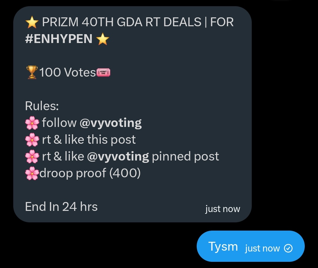 MaimoonaAmna's tweet image. ⭐️ PRIZM 40TH GDA RT DEALS | FOR #ENHYPEN ⭐️

🏆100 Votes🎟️ 

Rules:
🌸 follow @vyvoting
🌸 rt &amp;amp; like this post
🌸 rt &amp;amp; like @vyvoting pinned post
🌸droop proof (400)

End In 24 hrs
