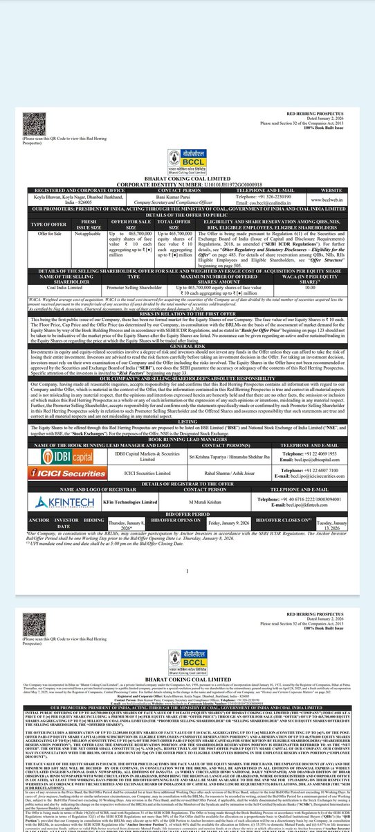 ipo_in's tweet photo. 🚨BREAKING IPO KING News🚨

Bharat Coking Coal Limited filed RHP with SEBI on 2-Jan-2025 for IPO King

Issue Date : 9-Jan to 13-Jan, 2026
Fresh : -
Ofs : 465,700,000 Shares
Retail : 35%. 
Employee: Yes
Shareholders: 10%
FV : ₹10

#IPO #IPOAlert #IPOKing #IPOTracker #BcclIPO https://t.co/qodSNpleYL