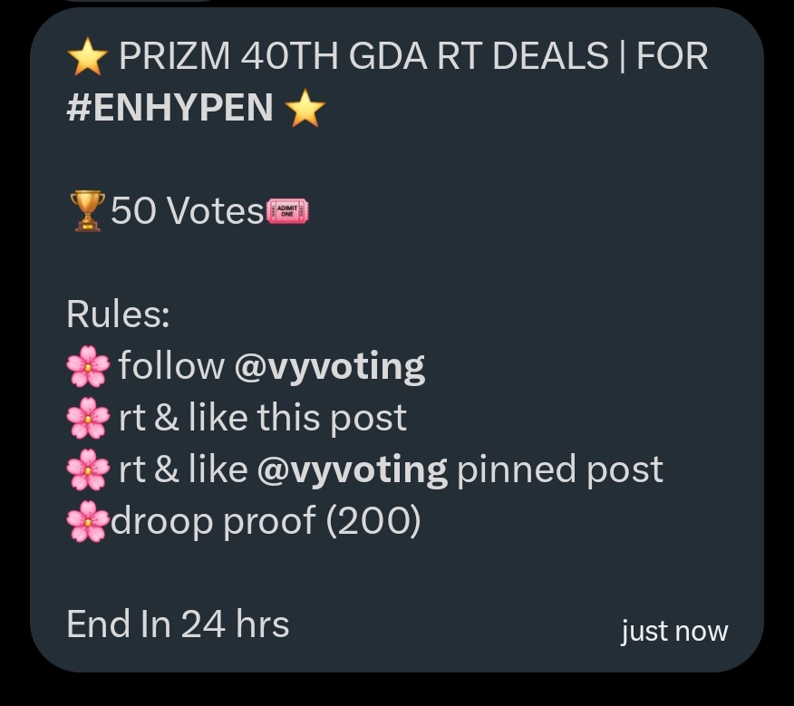 blosomoon's tweet image. ⭐️ PRIZM 40TH GDA RT DEALS | FOR #ENHYPEN ⭐️

🏆50 Votes🎟️ 

Rules:
🌸 follow @vyvoting
🌸 rt &amp;amp; like this post
🌸 rt &amp;amp; like @vyvoting pinned post
🌸droop proof (200)

End In 24 hrs